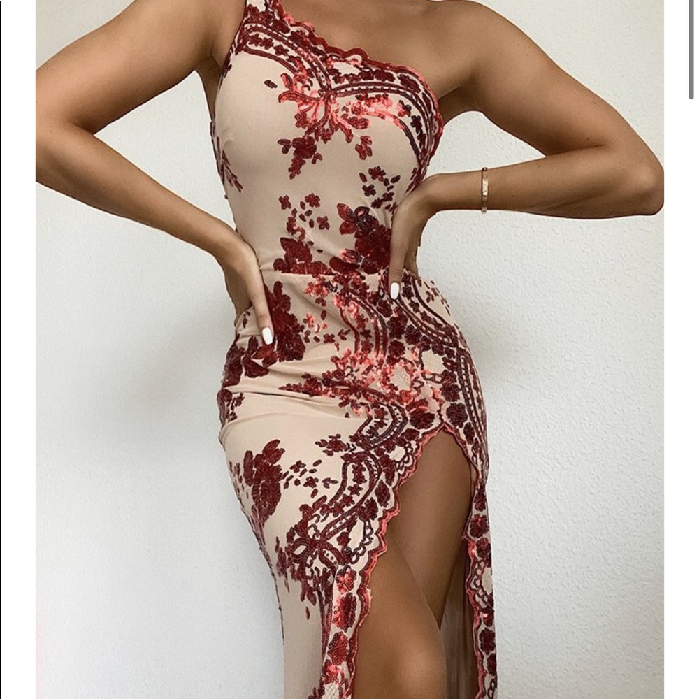 Antoinette red and nude/gold prom dress
